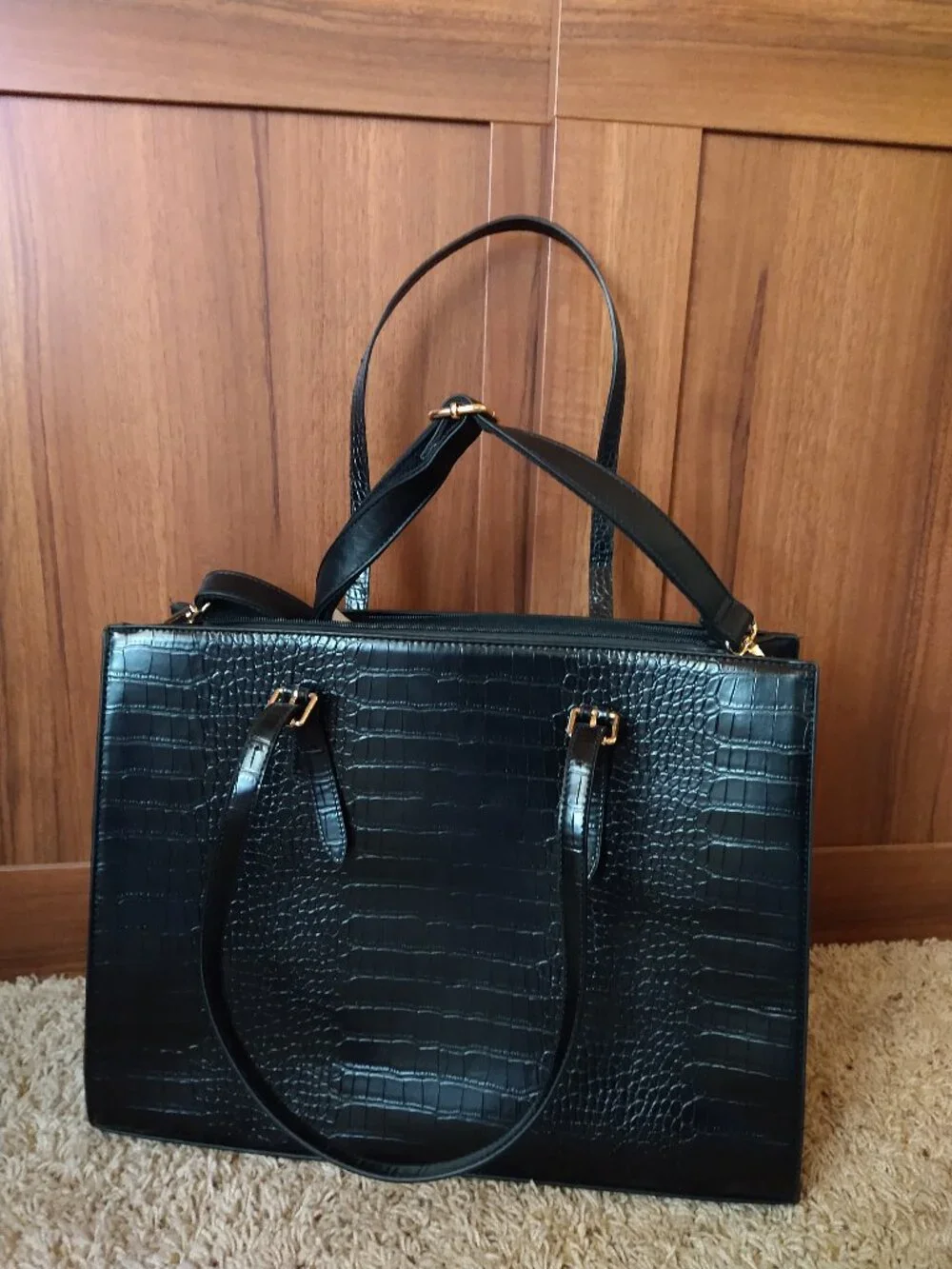Black Crocodile Embossed Laptop Tote Bag with Strap